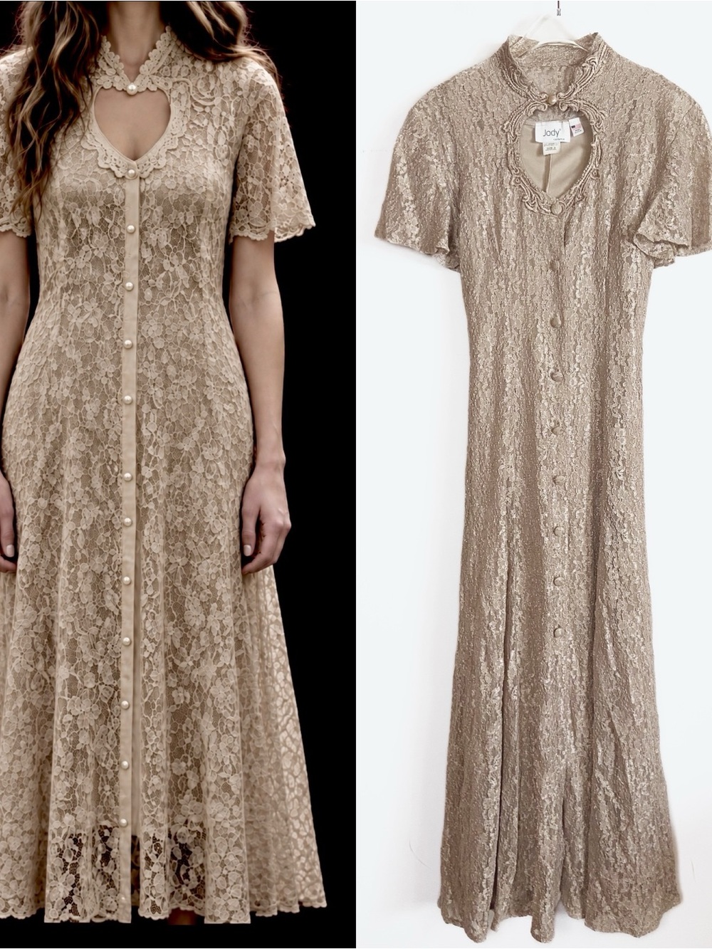 Vtg Jody California Womens Lace Victorian Maxi Dress Neutral size XS/S Romantic